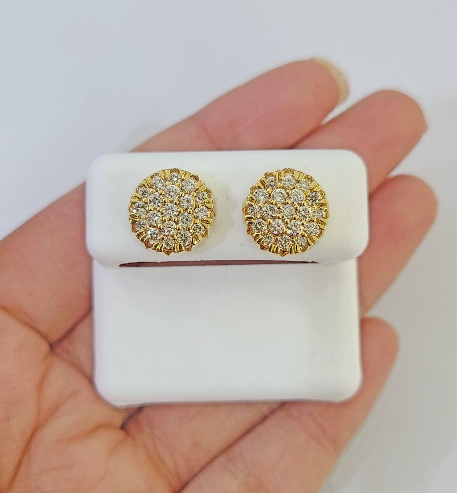 10k Yellow gold Flower Earrings Real Diamond screw - back Women Men studs - GoldenlinQ